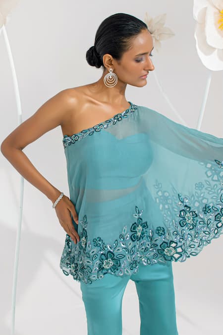 Muskan Aggarwal Aqua Blue Embroidered Cape & Flared Pant Set 