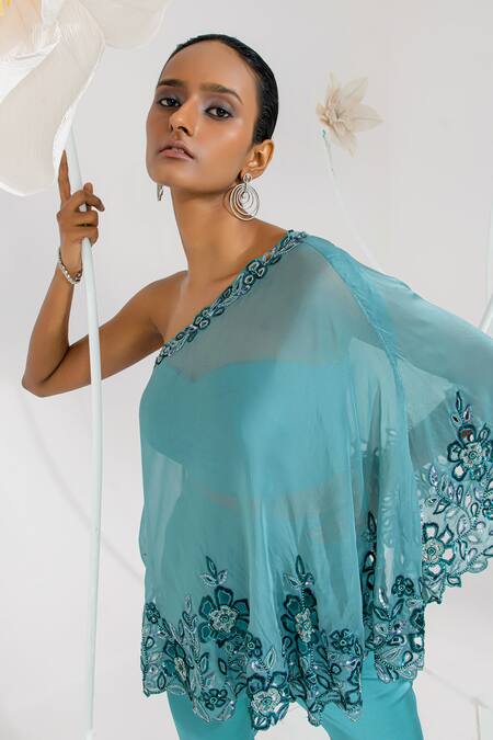 Buy Muskan Aggarwal Aqua Organza, Satin Sequins, Beads, Cut Blue Embroidered Cape And Flared Pant Set Online at Aza Fashions Buy_Muskan Aggarwal_Aqua Organza, Satin Sequins, Beads, Cut Blue Embroidered Cape And Flared Pant Set _Online_at_Aza_Fashions