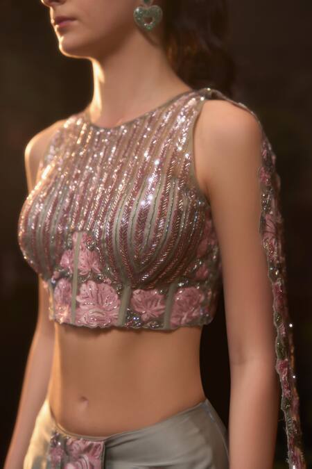 Muskan Aggarwal_Sapphire Satin, Net Sequins Sage Green Embroidered Blouse With Draped Skirt_Online_at_Aza_Fashions