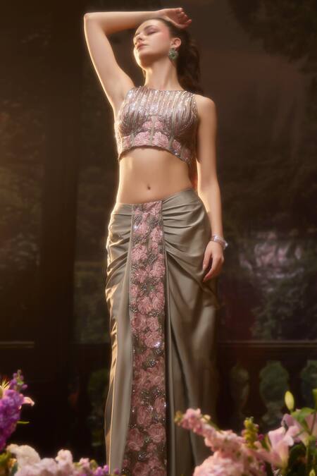 Buy_Muskan Aggarwal_Sapphire Satin, Net Sequins Sage Green Embroidered Blouse With Draped Skirt_Online_at_Aza_Fashions