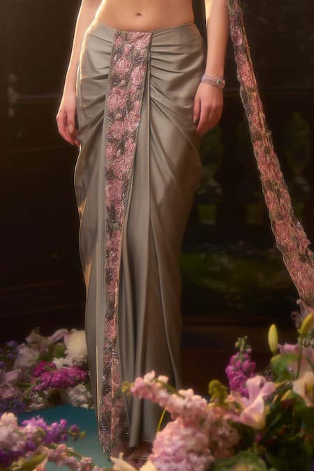 Shop_Muskan Aggarwal_Sapphire Satin, Net Sequins Sage Green Embroidered Blouse With Draped Skirt_Online_at_Aza_Fashions