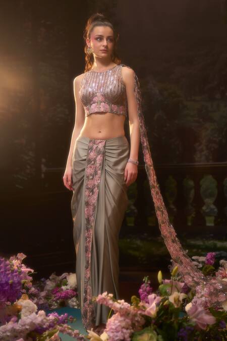 Muskan Aggarwal_Sapphire Satin, Net Sequins Sage Green Embroidered Blouse With Draped Skirt_at_Aza_Fashions