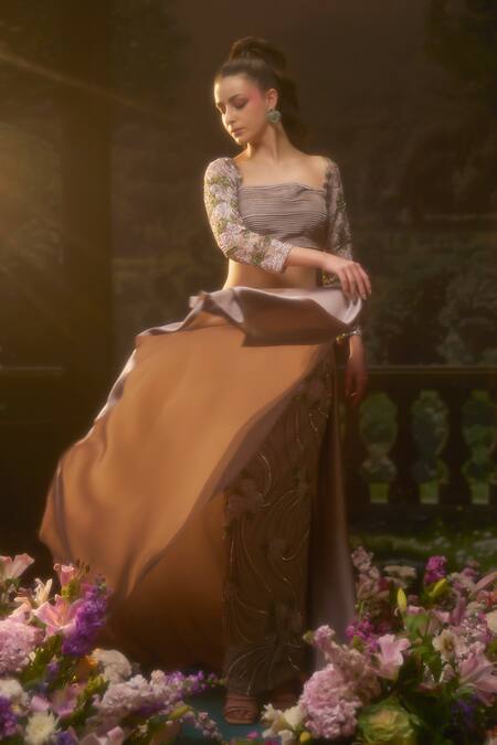 Muskan Aggarwal_Blush Satin, Net Sequins, Cut Work Square Neck Pink Blouse With Trail Skirt_Online_at_Aza_Fashions