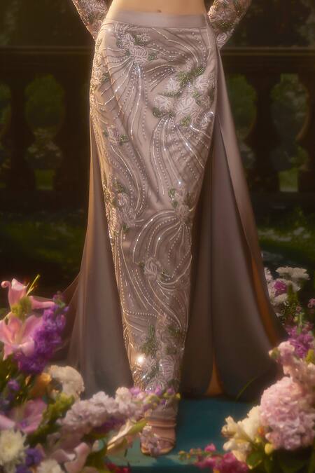 Buy_Muskan Aggarwal_Blush Satin, Net Sequins, Cut Work Square Neck Pink Blouse With Trail Skirt_Online_at_Aza_Fashions