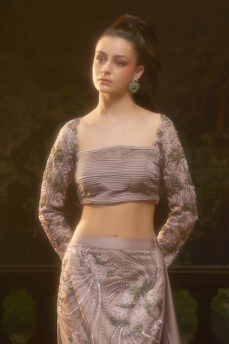 Shop_Muskan Aggarwal_Blush Satin, Net Sequins, Cut Work Square Neck Pink Blouse With Trail Skirt_Online_at_Aza_Fashions