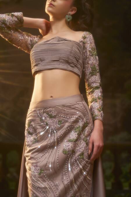 Muskan Aggarwal_Blush Satin, Net Sequins, Cut Work Square Neck Pink Blouse With Trail Skirt_at_Aza_Fashions