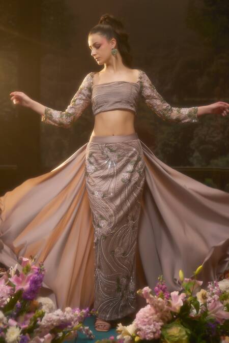 Buy_Muskan Aggarwal_Blush Satin, Net Sequins, Cut Work Square Neck Pink Blouse With Trail Skirt