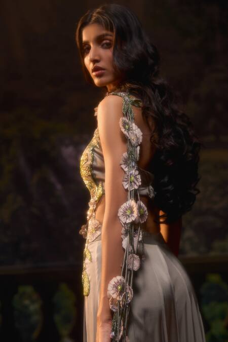 Shop Muskan Aggarwal Green Satin, Net Beads, Embroidery Sage Saree Gown at Aza Fashions Shop_Muskan Aggarwal_Green Satin, Net Beads, Embroidery Sage Saree Gown_at_Aza_Fashions