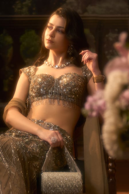 Muskan Aggarwal_Brown Net Sequins, Beads, Cut Work Round Neck Earthwood Bridal Lehenga Set_Online_at_Aza_Fashions
