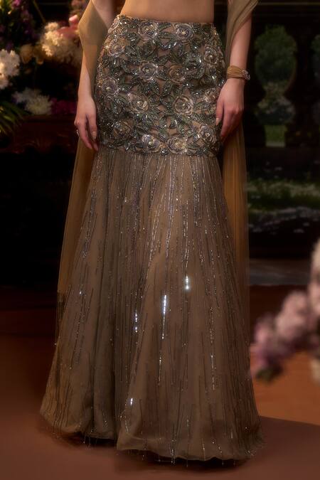 Shop_Muskan Aggarwal_Brown Net Sequins, Beads, Cut Work Round Neck Earthwood Bridal Lehenga Set_Online_at_Aza_Fashions