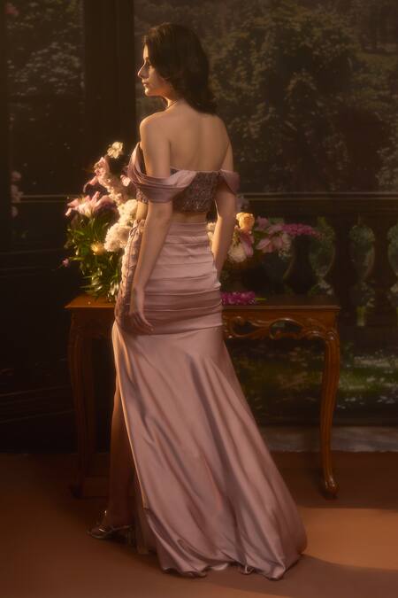 Buy_Muskan Aggarwal_Blush Satin, Net Embroidery Pink Off Shoulder Blouse With Draped Skirt_Online_at_Aza_Fashions