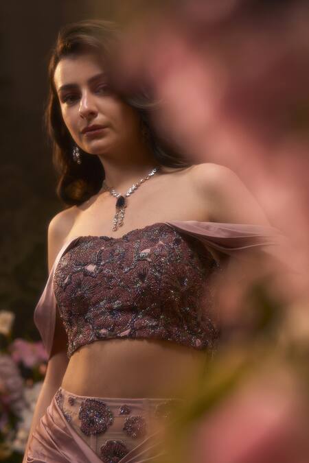 Shop_Muskan Aggarwal_Blush Satin, Net Embroidery Pink Off Shoulder Blouse With Draped Skirt_Online_at_Aza_Fashions