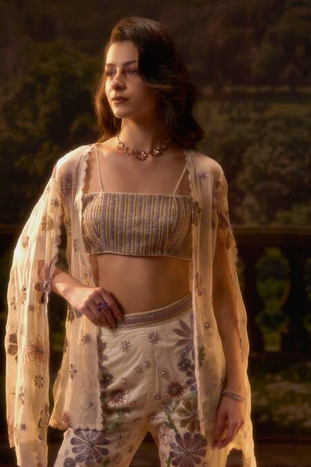 Muskan Aggarwal_Ivory Organza, Net Sequins, Pearls, Cut Moonlit Embroidered Jacket And Pant Set_Online_at_Aza_Fashions