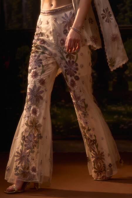 Buy_Muskan Aggarwal_Ivory Organza, Net Sequins, Pearls, Cut Moonlit Embroidered Jacket And Pant Set_Online_at_Aza_Fashions