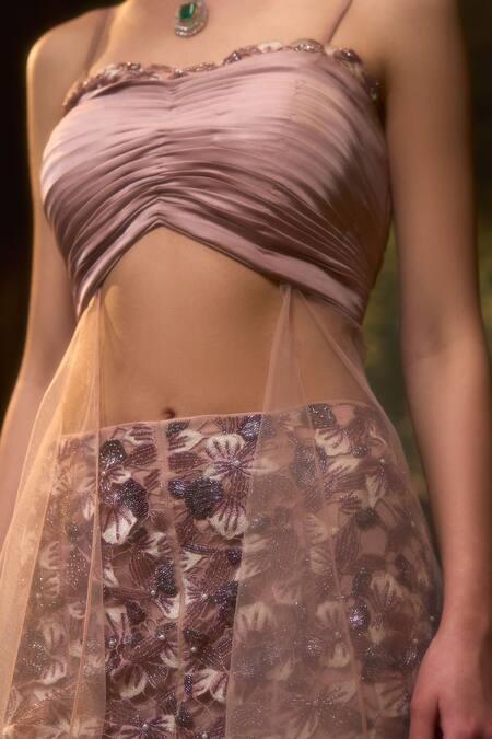 Muskan Aggarwal_Blush Satin, Net Cut Work, Pearls Scoop Neck Pink Embroidered Kurta Palazzo Set_Online_at_Aza_Fashions