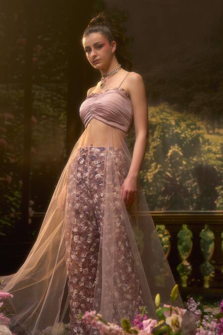 Buy_Muskan Aggarwal_Blush Satin, Net Cut Work, Pearls Scoop Neck Pink Embroidered Kurta Palazzo Set_Online_at_Aza_Fashions