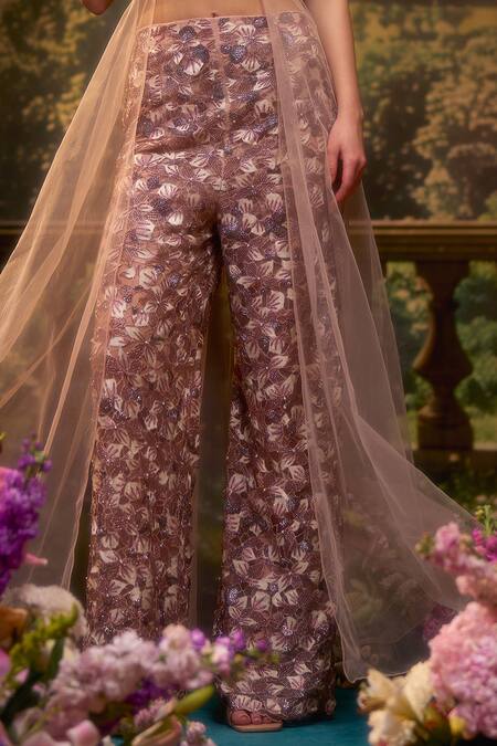 Shop_Muskan Aggarwal_Blush Satin, Net Cut Work, Pearls Scoop Neck Pink Embroidered Kurta Palazzo Set_Online_at_Aza_Fashions