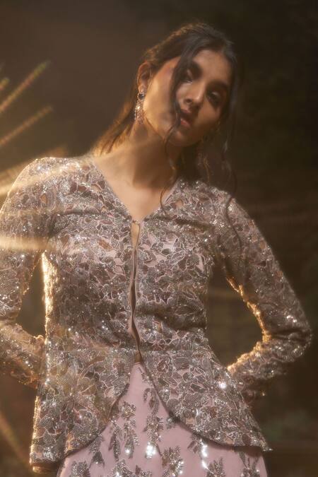 Muskan Aggarwal_Mauve Net, Georgette Sequins, Beads, Cut Work V-neck Jacket And Lehenga Set_Online_at_Aza_Fashions