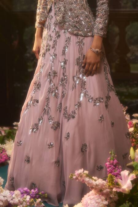 Shop_Muskan Aggarwal_Mauve Net, Georgette Sequins, Beads, Cut Work V-neck Jacket And Lehenga Set_Online_at_Aza_Fashions