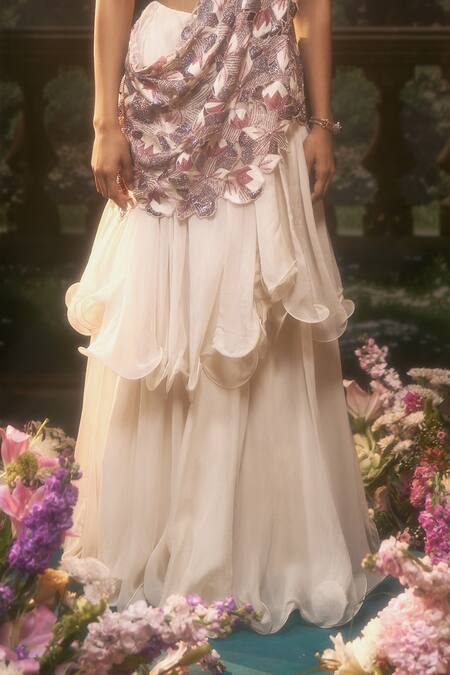 Muskan Aggarwal Ivory Organza Pearls, Cut Moonlit Pre-draped Saree With Blouse Online at Aza Fashions Muskan Aggarwal_Ivory Organza Pearls, Cut Moonlit Pre-draped Saree With Blouse_Online_at_Aza_Fashions