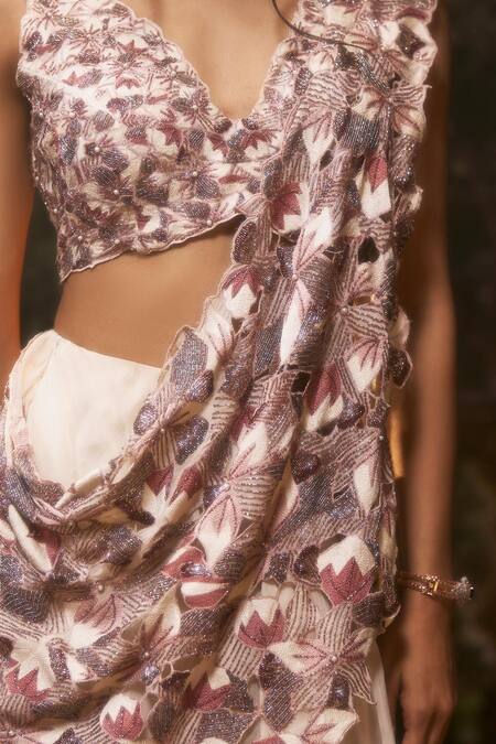 Muskan Aggarwal Ivory Organza Pearls, Cut Moonlit Pre-draped Saree With Blouse at Aza Fashions Muskan Aggarwal_Ivory Organza Pearls, Cut Moonlit Pre-draped Saree With Blouse_at_Aza_Fashions