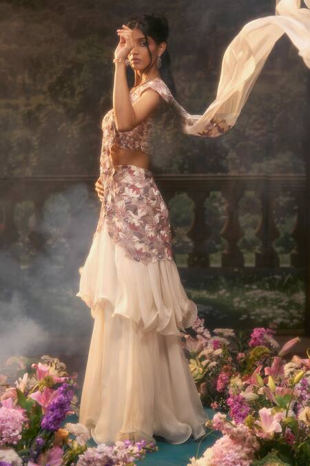 Buy Muskan Aggarwal Ivory Organza Pearls, Cut Moonlit Pre-draped Saree With Blouse Buy_Muskan Aggarwal_Ivory Organza Pearls, Cut Moonlit Pre-draped Saree With Blouse