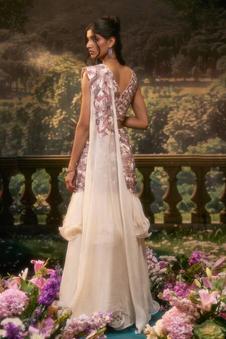 Shop Muskan Aggarwal Ivory Organza Pearls, Cut Moonlit Pre-draped Saree With Blouse at Aza Fashions Shop_Muskan Aggarwal_Ivory Organza Pearls, Cut Moonlit Pre-draped Saree With Blouse_at_Aza_Fashions