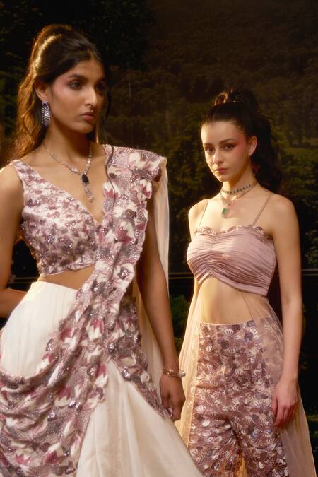 Shop Muskan Aggarwal Ivory Organza Pearls, Cut Moonlit Pre-draped Saree With Blouse Shop_Muskan Aggarwal_Ivory Organza Pearls, Cut Moonlit Pre-draped Saree With Blouse