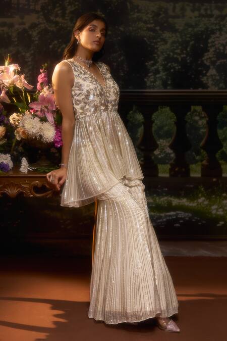 Buy_Muskan Aggarwal_Ivory Organza, Net Sequins, Cut Work Moonlit Embroidered Kurta Sharara Set_Online_at_Aza_Fashions