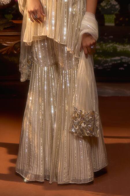 Shop_Muskan Aggarwal_Ivory Organza, Net Sequins, Cut Work Moonlit Embroidered Kurta Sharara Set_Online_at_Aza_Fashions