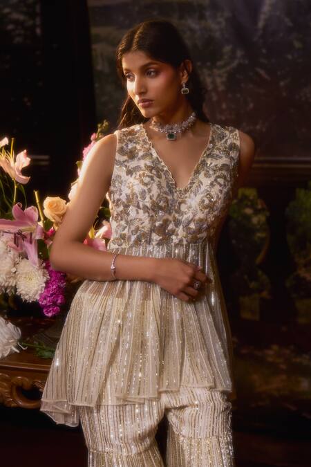 Shop_Muskan Aggarwal_Ivory Organza, Net Sequins, Cut Work Moonlit Embroidered Kurta Sharara Set