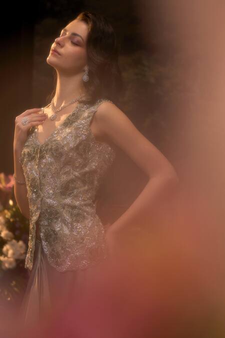 Muskan Aggarwal_Green Satin, Net Sequins, Beads, Zari V-neck Sage Jacket With Draped Skirt_Online_at_Aza_Fashions