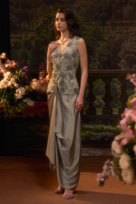 Buy_Muskan Aggarwal_Green Satin, Net Sequins, Beads, Zari V-neck Sage Jacket With Draped Skirt_Online_at_Aza_Fashions