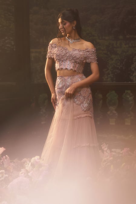 Muskan Aggarwal_Blush Georgette, Net Cut Work, Embroidery, Pink Cutdana Fusion Lehenga Set_Online_at_Aza_Fashions