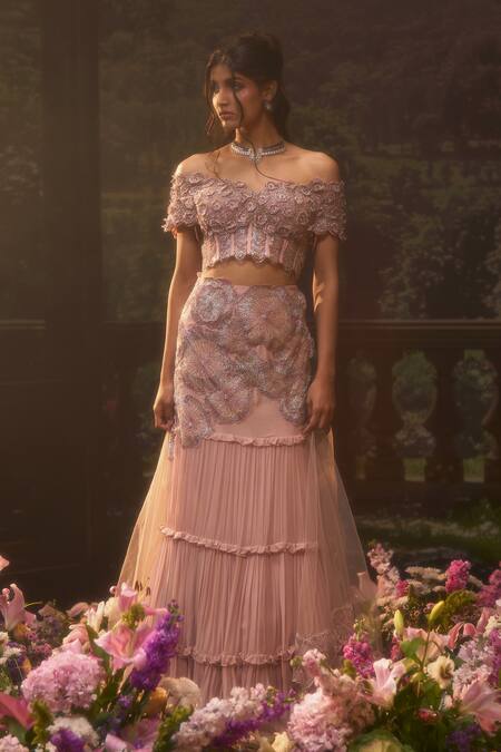 Muskan Aggarwal_Blush Georgette, Net Cut Work, Embroidery, Pink Cutdana Fusion Lehenga Set_at_Aza_Fashions