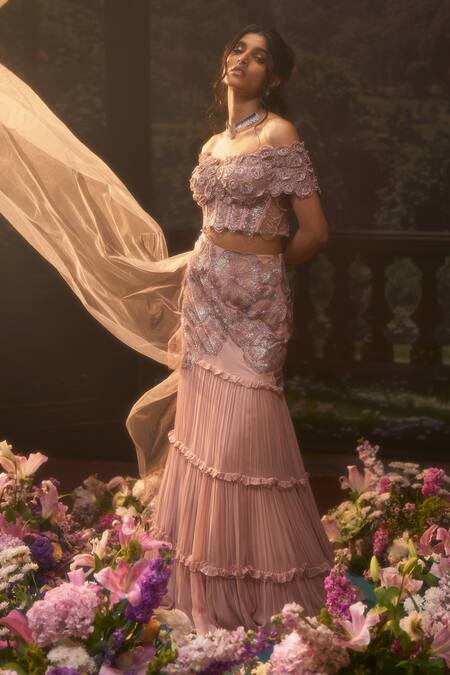 Buy_Muskan Aggarwal_Blush Georgette, Net Cut Work, Embroidery, Pink Cutdana Fusion Lehenga Set