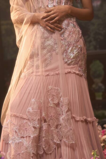 Shop_Muskan Aggarwal_Blush Georgette, Net Cut Work, Embroidery, Pink Cutdana Fusion Lehenga Set