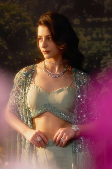 Buy_Muskan Aggarwal_Aqua Georgette, Net Sequins, Cut Work Asymmetric, Open Blue Embroidered Cape Set_Online_at_Aza_Fashions