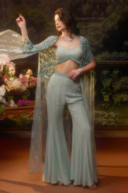 Shop_Muskan Aggarwal_Aqua Georgette, Net Sequins, Cut Work Asymmetric, Open Blue Embroidered Cape Set_Online_at_Aza_Fashions