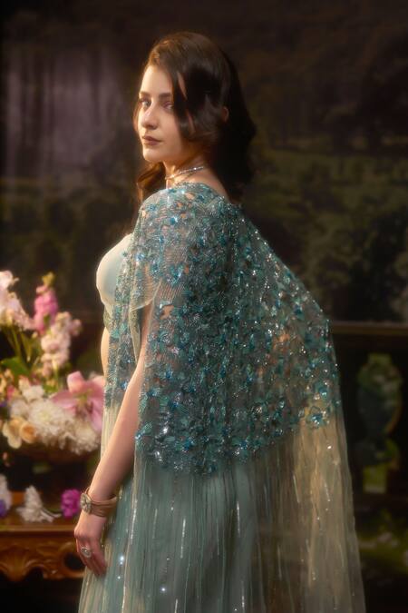 Muskan Aggarwal_Aqua Georgette, Net Sequins, Cut Work Asymmetric, Open Blue Embroidered Cape Set_at_Aza_Fashions