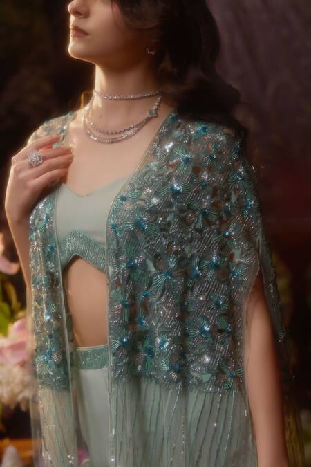 Buy_Muskan Aggarwal_Aqua Georgette, Net Sequins, Cut Work Asymmetric, Open Blue Embroidered Cape Set