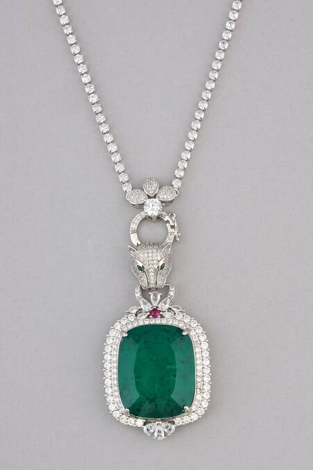 Buy_Modarta_Green Diamond Studded Leopard Panther Pendant And Chain _Online_at_Aza_Fashions