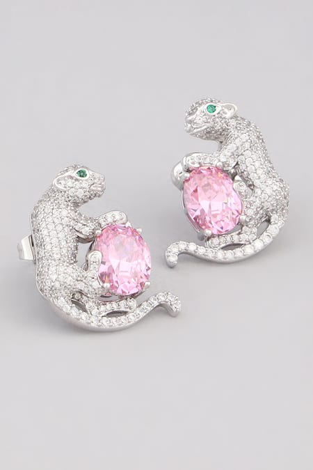 Modarta Pink Imitation Diamonds Studded Tiger Design Earrings Online at Aza Fashions Modarta_Pink Imitation Diamonds Studded Tiger Design Earrings _Online_at_Aza_Fashions