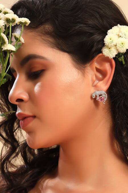 Buy Modarta Pink Imitation Diamonds Studded Tiger Design Earrings Online at Aza Fashions Buy_Modarta_Pink Imitation Diamonds Studded Tiger Design Earrings _Online_at_Aza_Fashions