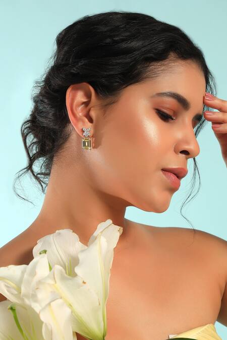 Shop_Modarta_Yellow Imitation Diamonds Sapphire Designer Earrings _Online_at_Aza_Fashions