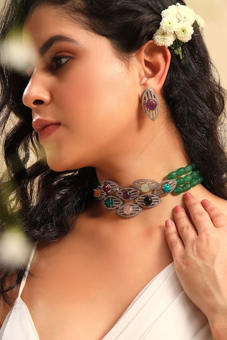 Modarta_Silver Plated Crystals, Stones Multi-color Evil Eye Statement Necklace Set _Online_at_Aza_Fashions