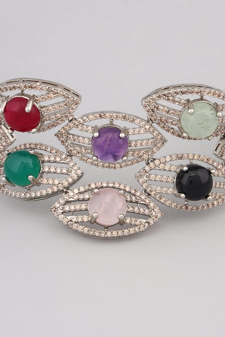 Buy_Modarta_Silver Plated Crystals, Stones Multi-color Evil Eye Statement Necklace Set _Online_at_Aza_Fashions