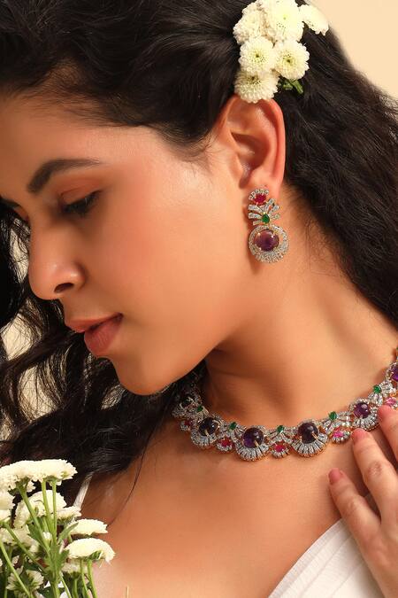 Modarta_Multi Color Rhinestones Multi-color Amethyst Gemstone Necklace Set _Online_at_Aza_Fashions