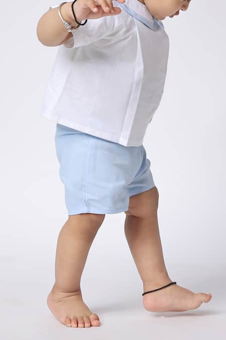 Petite Pomme White Linen, Cotton Boys Shirt And Shorts Set Online at Aza Fashions Petite Pomme_White Linen, Cotton Boys Shirt And Shorts Set _Online_at_Aza_Fashions