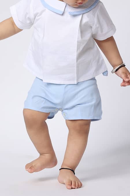 Shop Petite Pomme White Linen, Cotton Boys Shirt And Shorts Set Online at Aza Fashions Shop_Petite Pomme_White Linen, Cotton Boys Shirt And Shorts Set _Online_at_Aza_Fashions